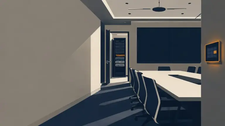 Conference room with a display wall, a meeting table, and an equipment rack through an open door