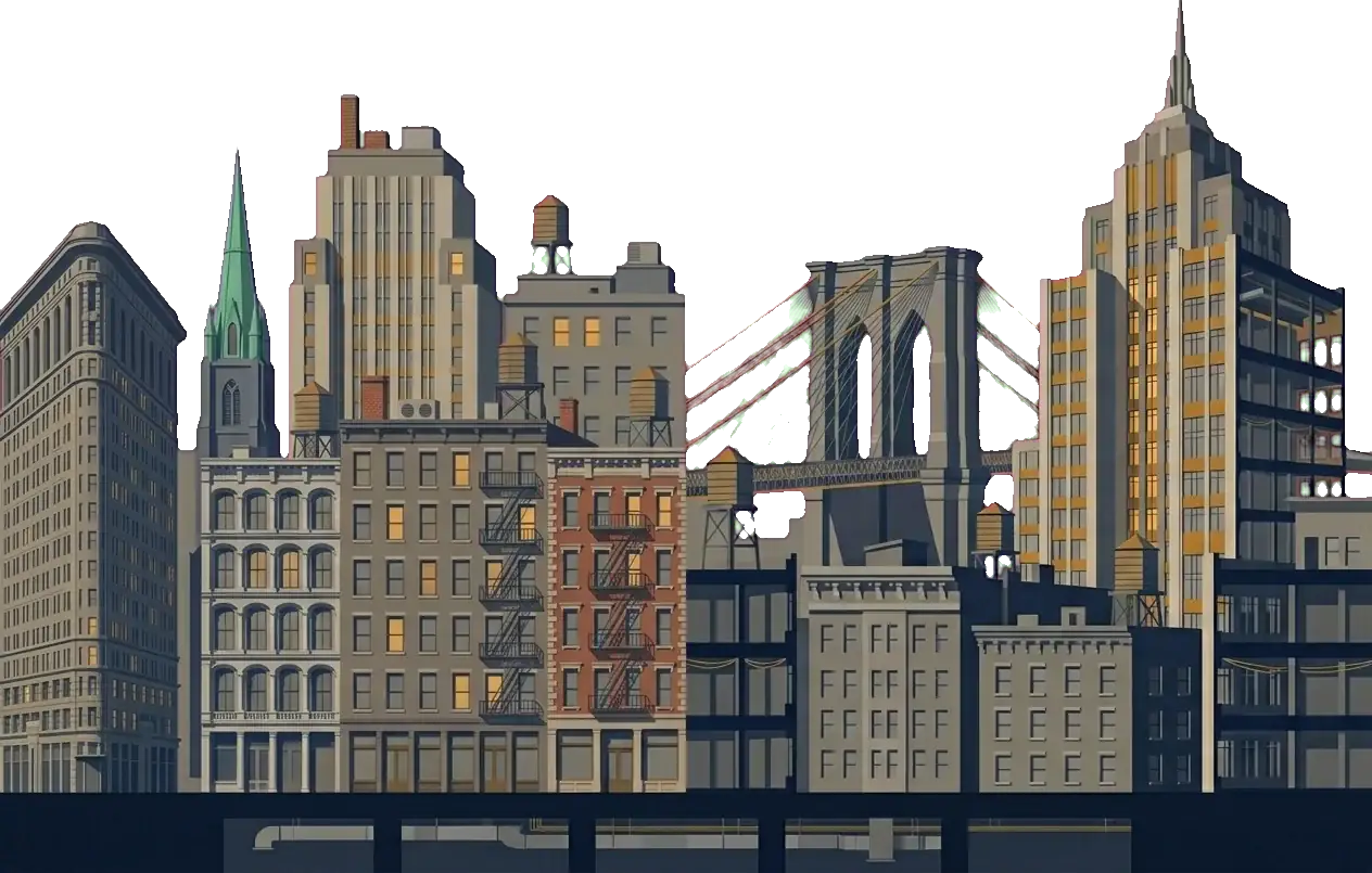 Scroll-world backdrop: skyline near